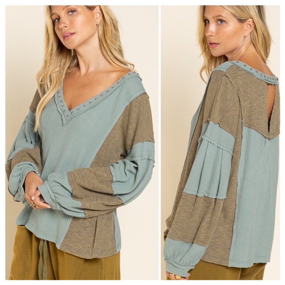 *NEW COLOR* POL Raw Edge Color Block Top - Picture 4 of 16